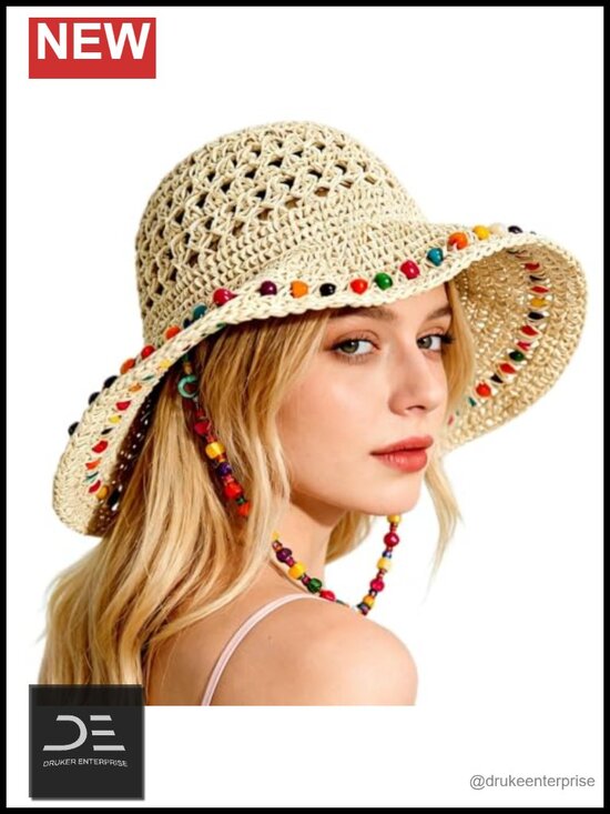 Wide Brim Straw Sun Hat with Beaded Strap, Packable Bucket Hat for Travel main image 5